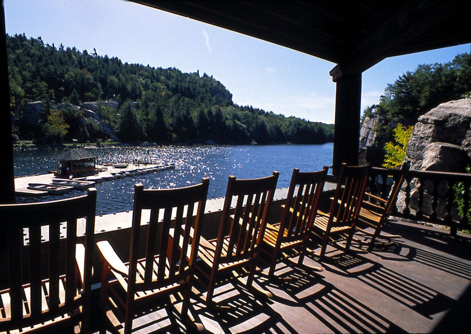 Rocking chairs overlooking mohonk lake at mohonk mountain house
