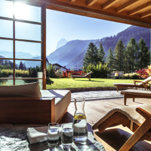 A guest suite with views at ADLER Spa Resort DOLOMITI